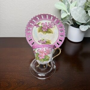 Vintage Enesco Japan Pink Lusterware Footed Tea Cup and Reticulated Saucer‎ Set